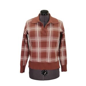 Max Studio Sweater Women's Medium Rust Plaid Collared Retro Knit Casual Top‎